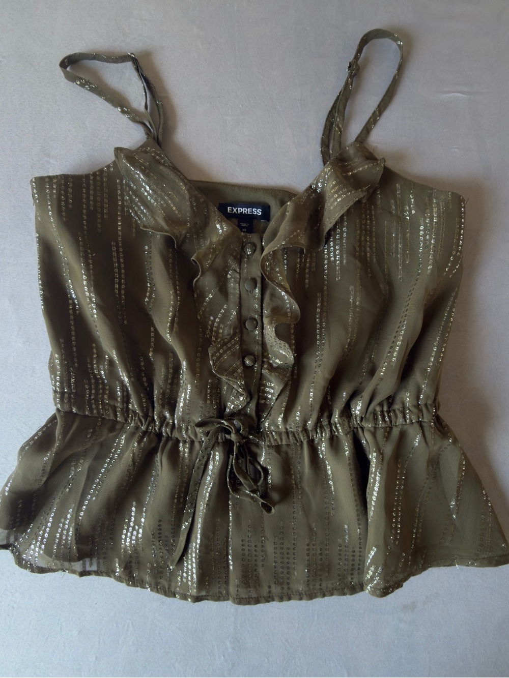 Express Olive Green Metallic Stripe Ruffle Peplum Cami